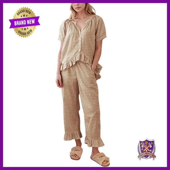 Cotton Pajama Set Babydoll Shirt Ruffle Pants Lounge Sleepwear